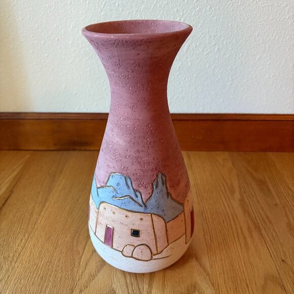 Vera Russell Other - Signed Numbered Vera Russell Handmade Vase Pink Blue Mountains Pueblos Desert